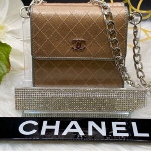 CHANEL Leather Compact Trifold Wallet Diamanté Debossed EUC